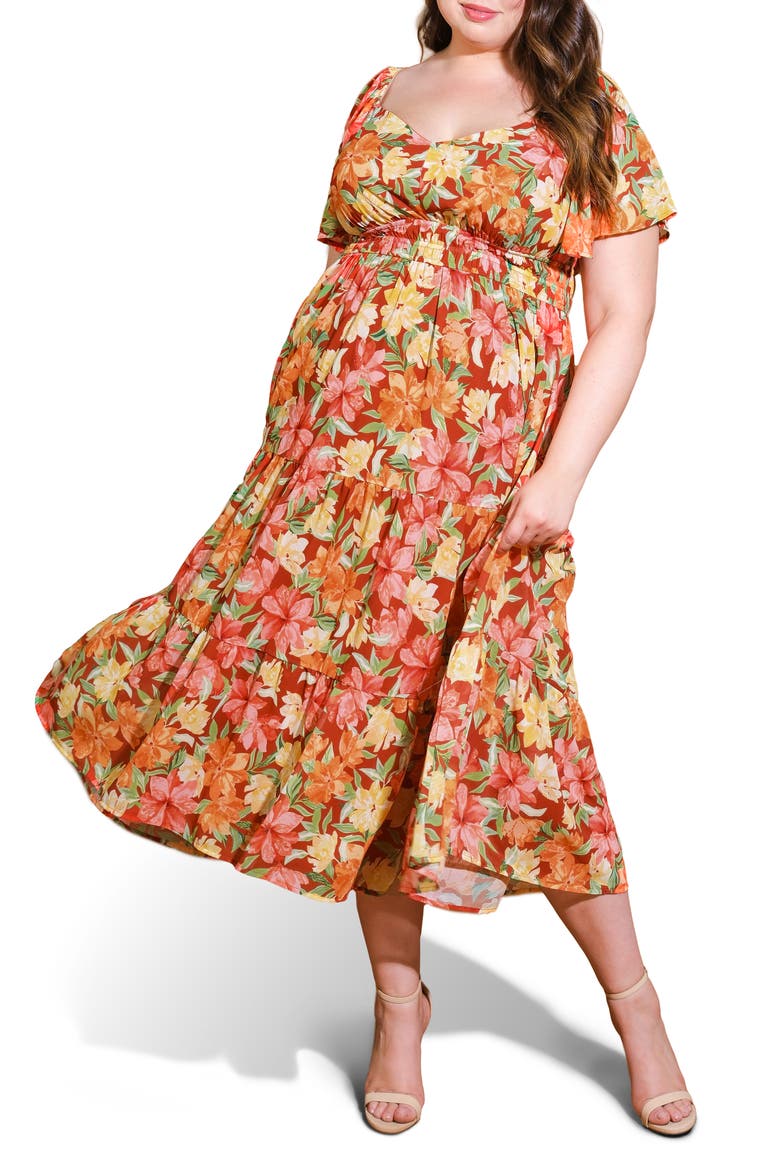Printed Woven Tiered Maxi Dress, Main, color, BRICK