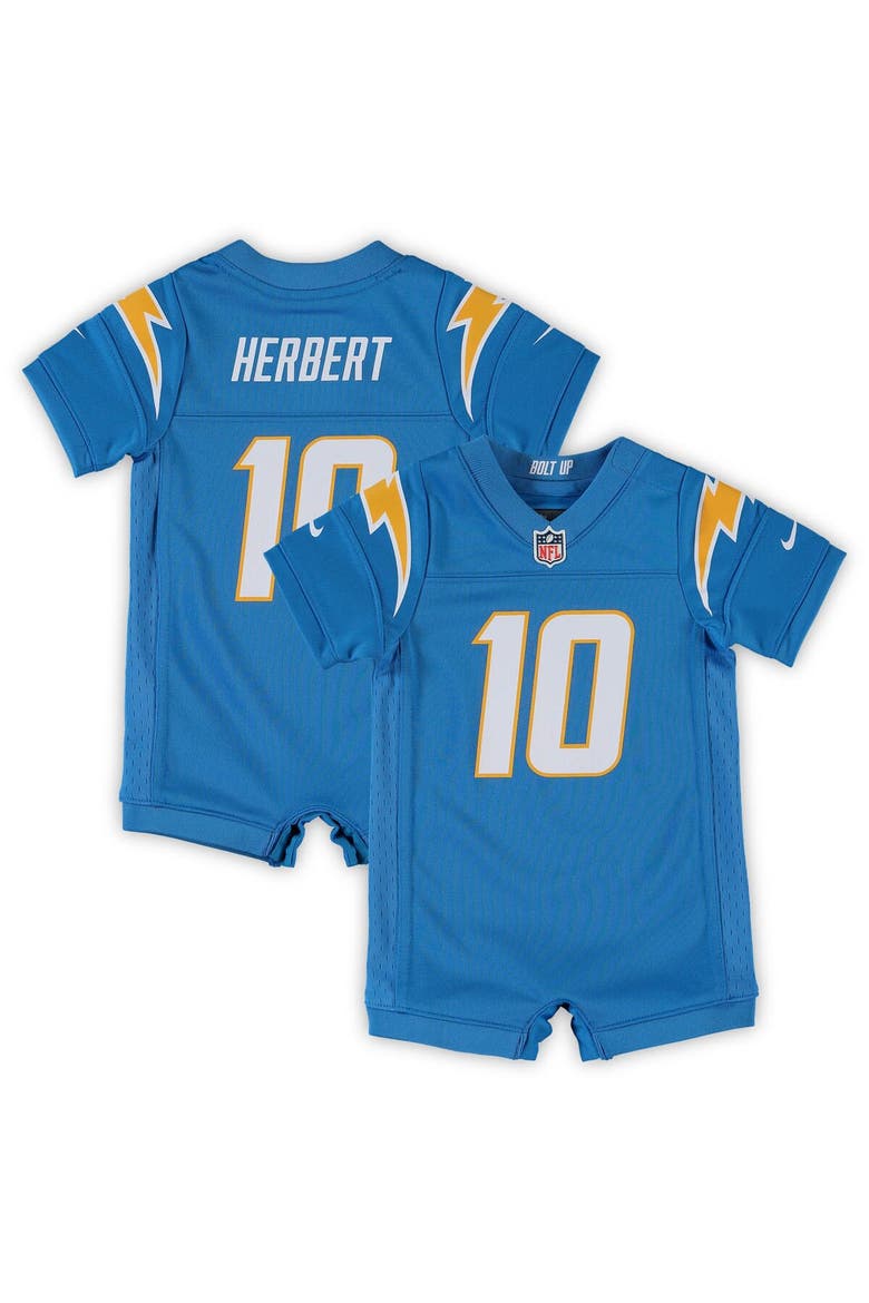 Infant Nike Justin Herbert Powder Blue Los Angeles Chargers Game Romper Jersey, Main, color, Powder Blue