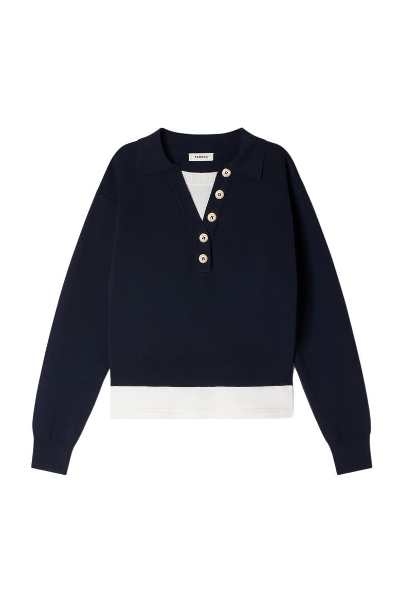 Metal button layered collar sweater, Alternate, color, Navy blue