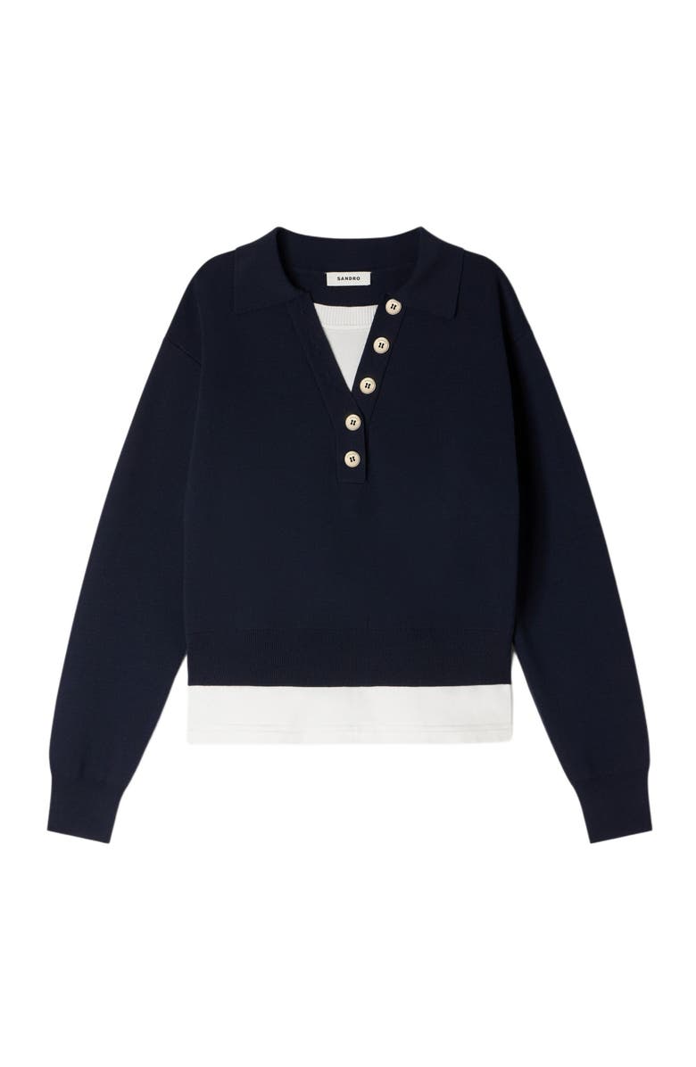 SANDRO Metal button layered collar sweater, Alternate, color, Navy Blue