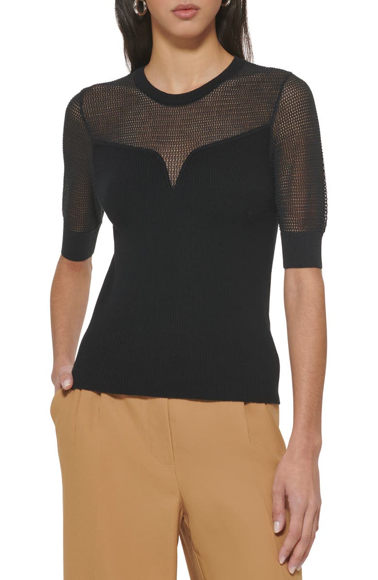 DKNY Sheer Yoke Short Sleeve Sweater, Main, color, 