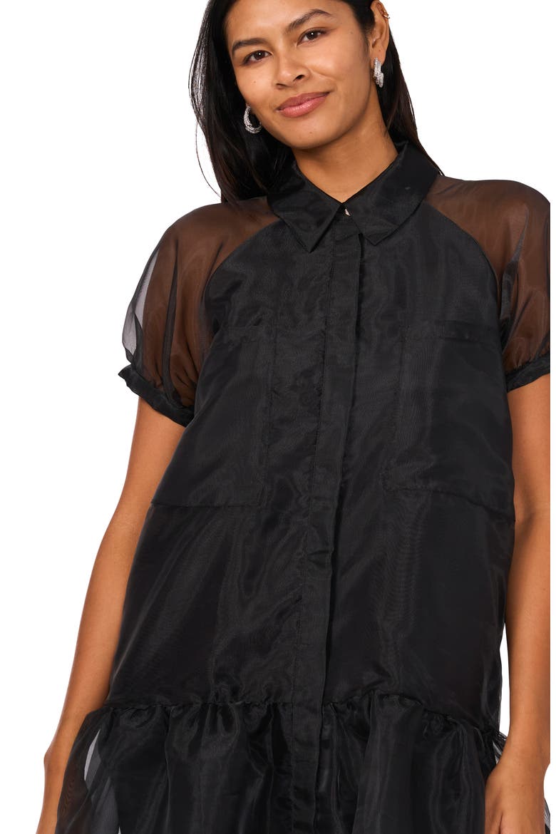Puff Sleeve Tiered Organza Shirtdress, Alternate, color, RICH BLACK