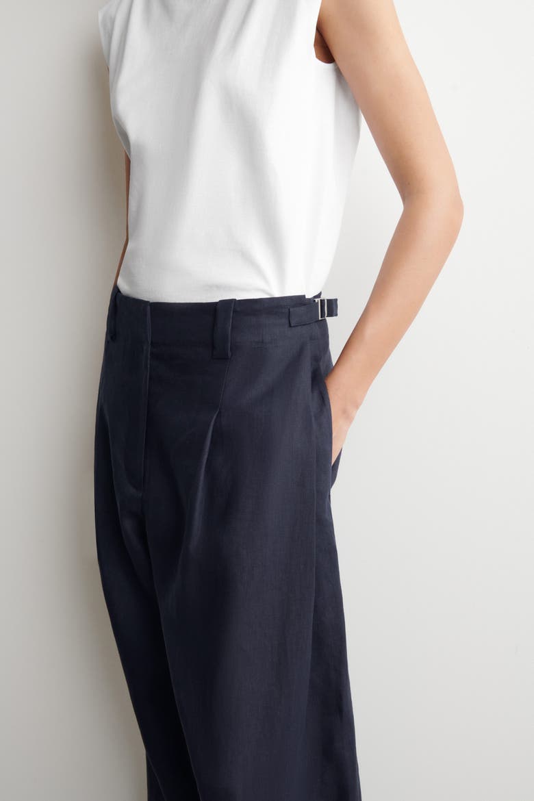 Buckle-detail Linen Balloon-leg Pants, Alternate, color, NAVY