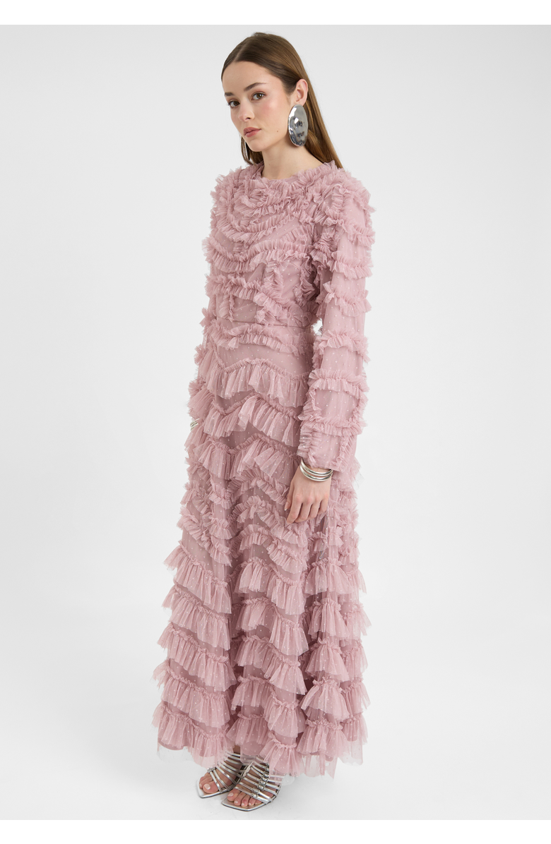 MARYISA Modest Ruffle Dress Maxi With Self Print Mesh, Alternate, color, Frosted Pink