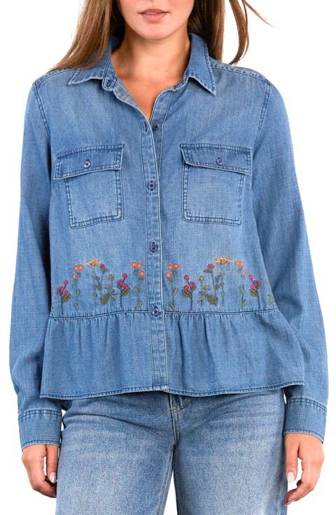 Life is a Flower Embroidered Button-Up Shirt