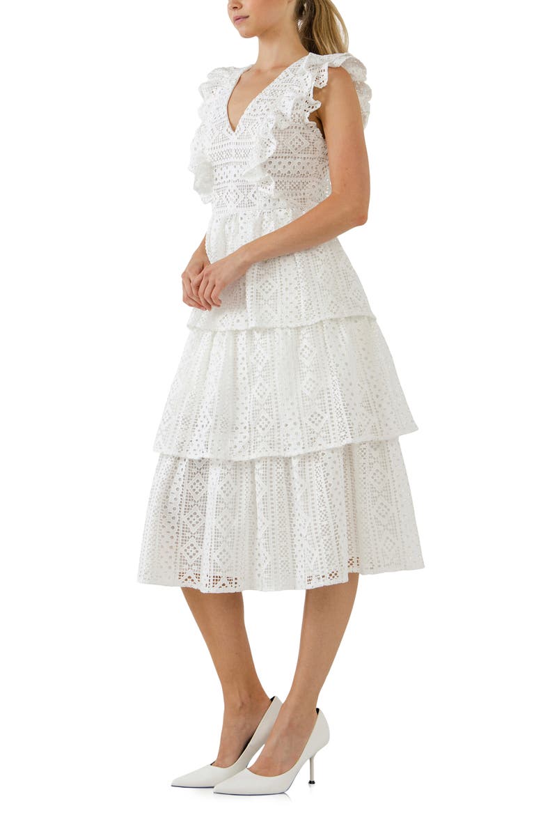 Lace Ruffle Tiered Midi Dress, Alternate, color, WHITE