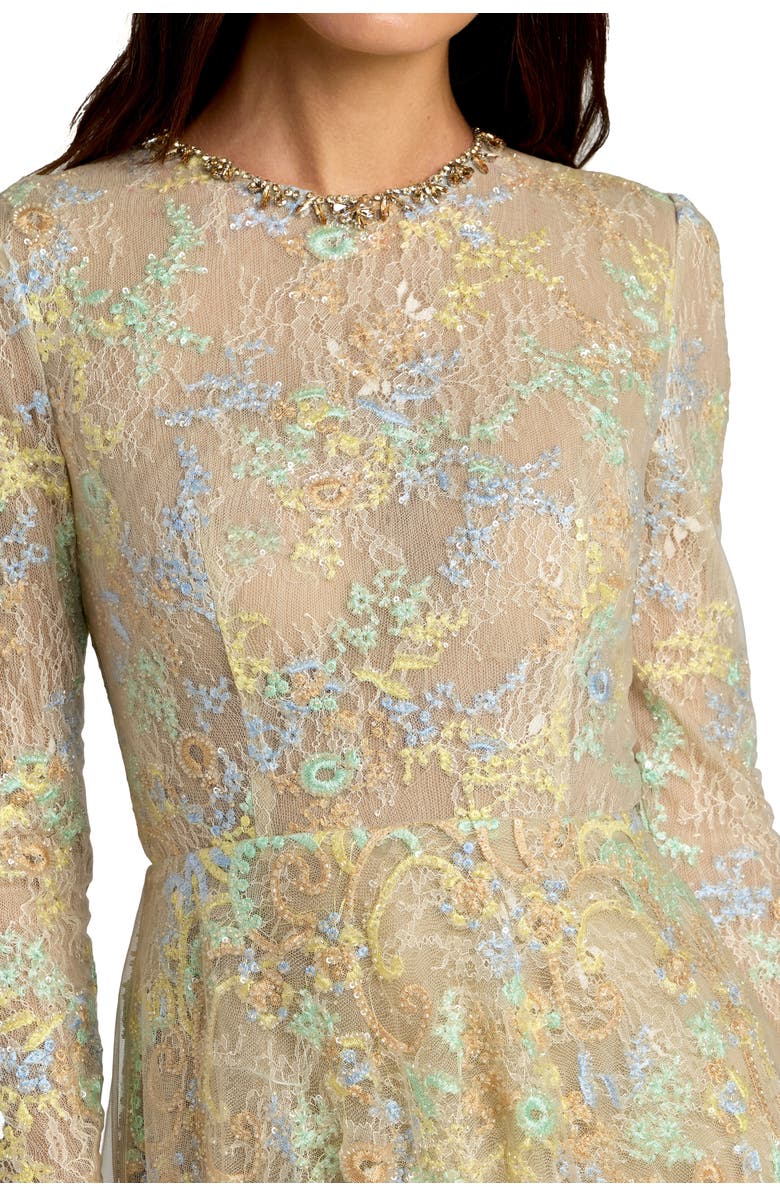 Mac Duggal Long Sleeve Embellished Lace A-Line Gown, Alternate, color, Nude Multi