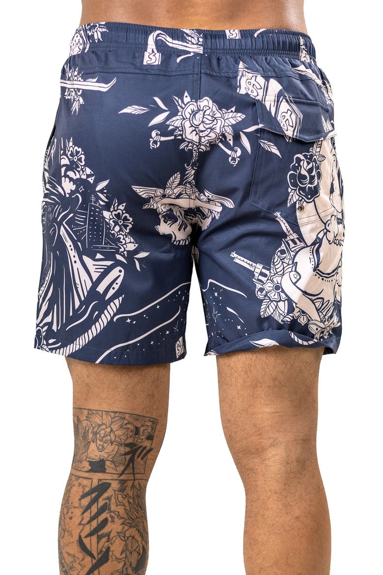 Martyr Print Swim Trunks, Alternate, color, BLACK