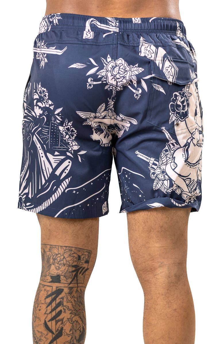 Maceoo Martyr Print Swim Trunks, Alternate, color, Black