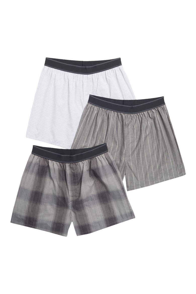 Assorted 3-Pack Modern Fit Woven Boxers, Alternate, color, GREY OMBRE PLAID MULTI