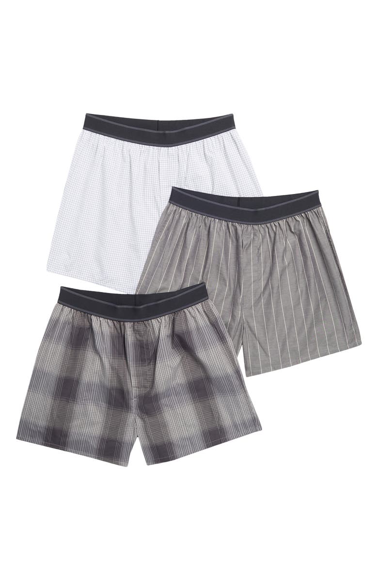 NORDSTROM RACK Assorted 3-Pack Modern Fit Woven Boxers, Alternate, color, Grey Ombre Plaid Multi