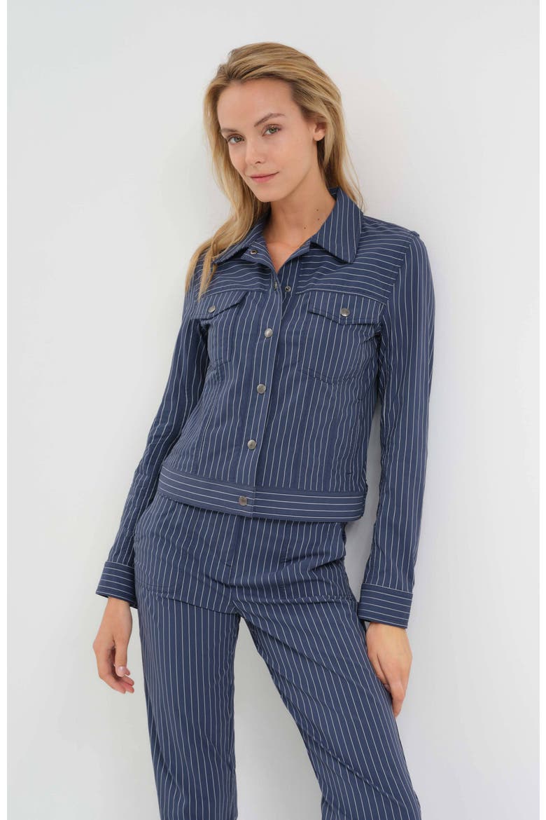 Delilah Striped Ultralight Trucker Jacket, Main, color, Pinstriped True Blue/White
