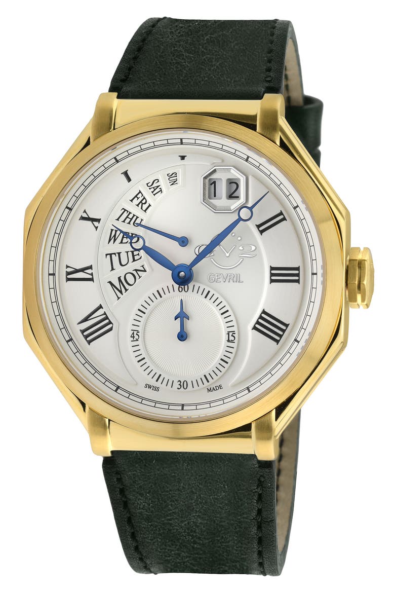 Men's Marchese Leather Strap Watch, 44mm, Main, color, GREEN