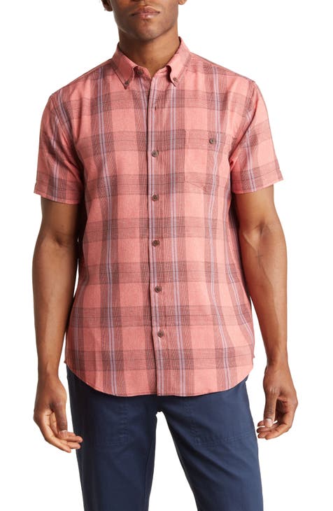 Short Sleeve Plaid Print Button-Up Performance Shirt