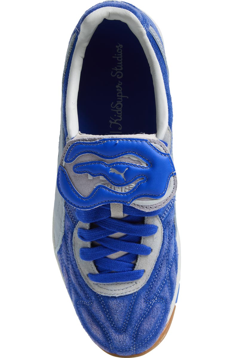 PUMA x Kidsuper Studios King Indoor Soccer Cleat, Alternate, color, Blue Crystal-Gray Fog