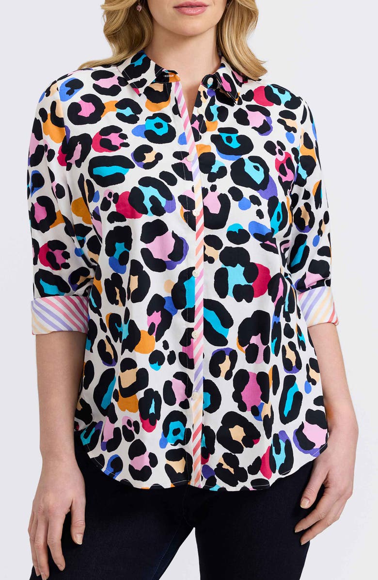 Foxcroft Charlie Colorful Leopard Print Cotton Button-Up Shirt, Main, color, White Multi