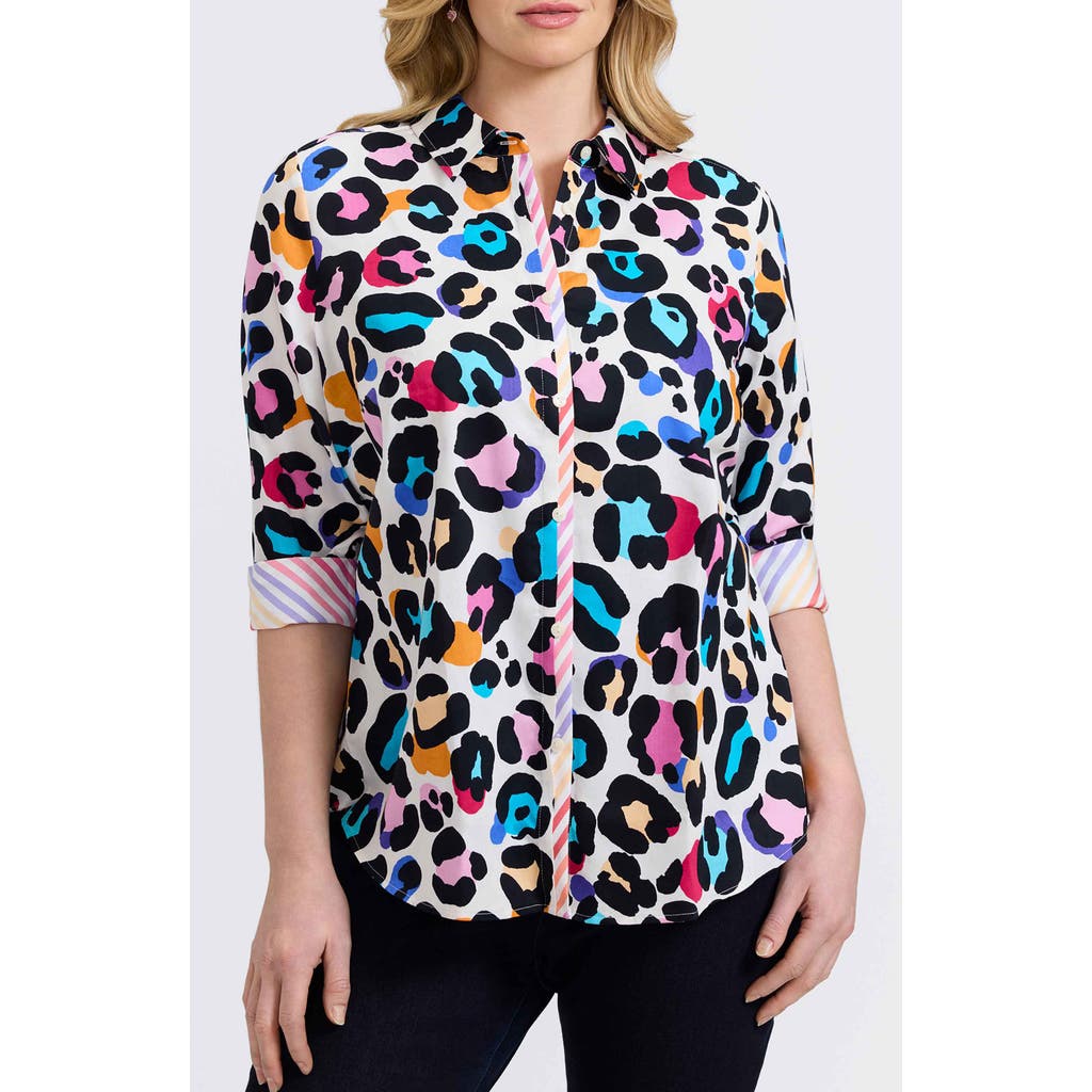 FOXCROFT FOXCROFT CHARLIE COLORFUL LEOPARD PRINT COTTON BUTTON-UP SHIRT