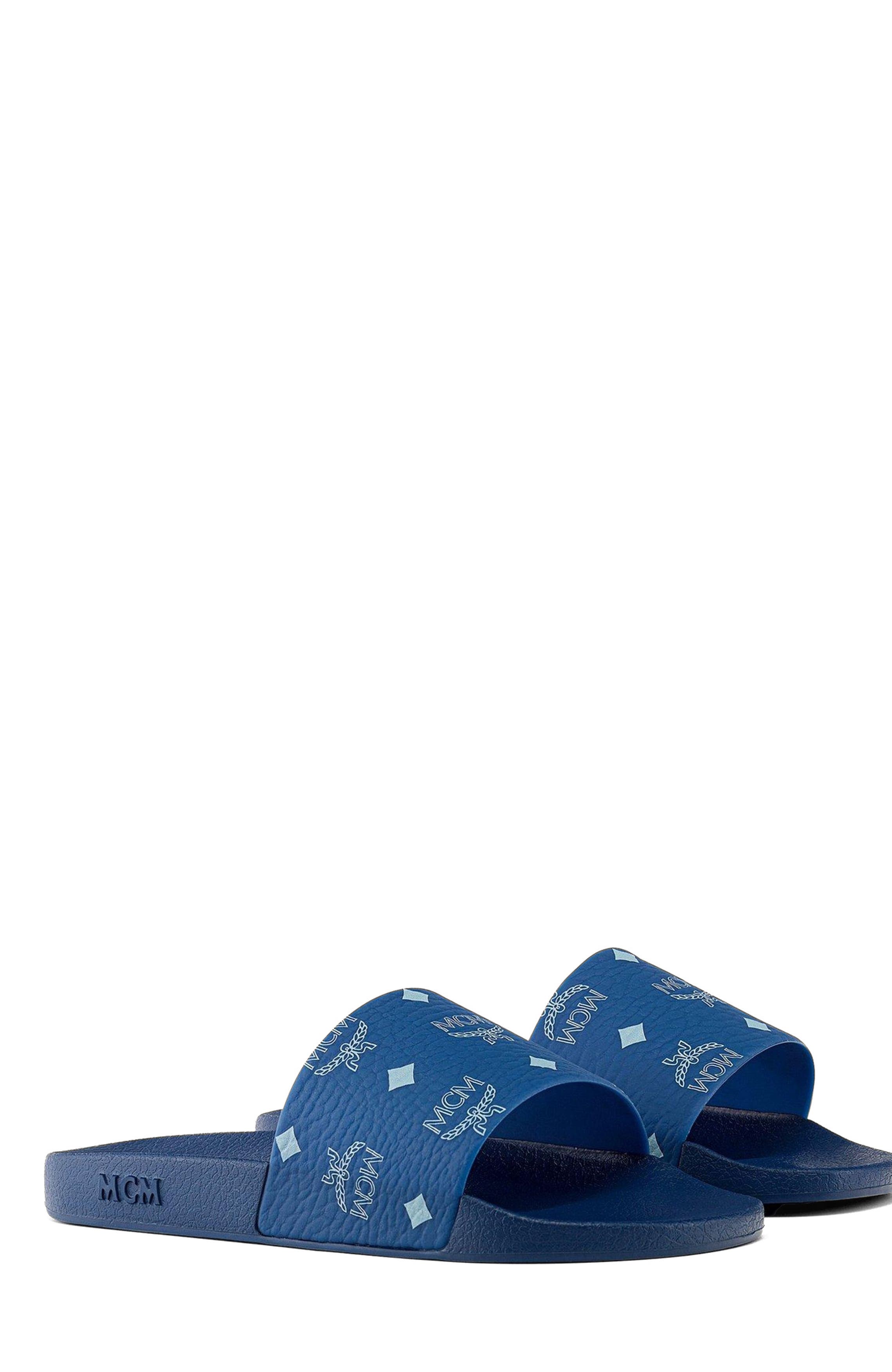 Monogram Print Rubber Slides, Main, color, Blue
