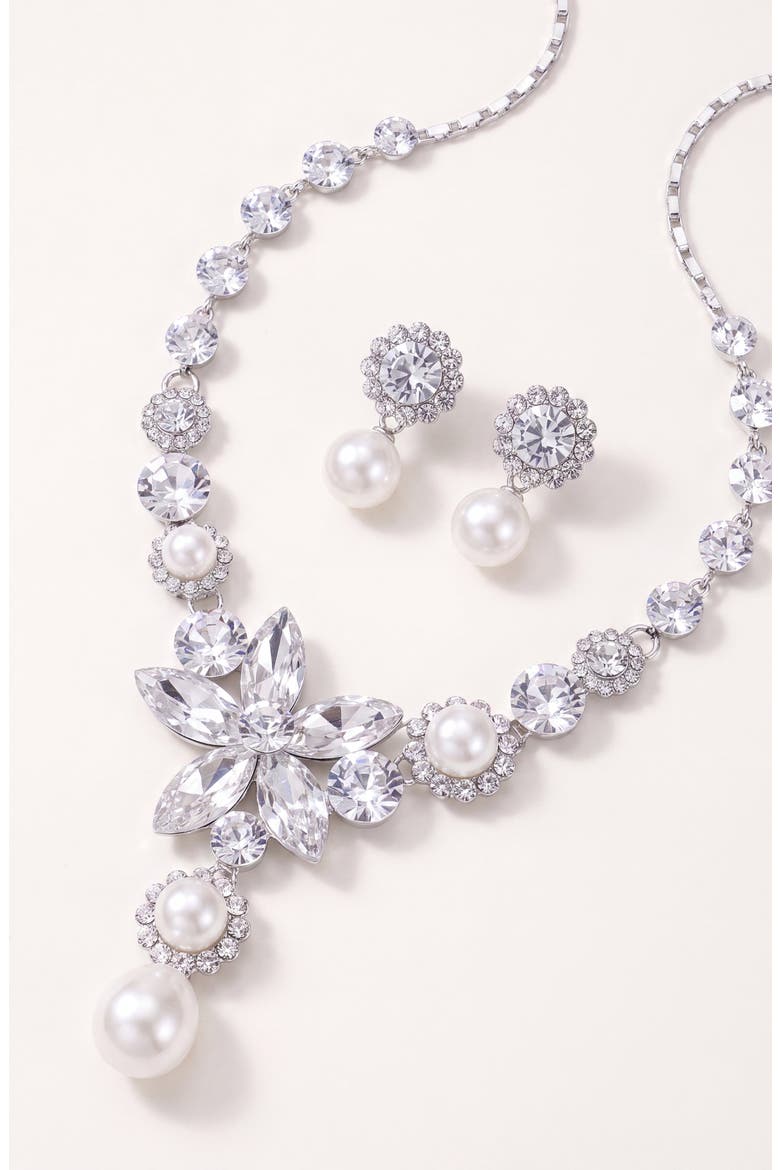 Flower Pearl Drop Necklace and Earrings Set, Alternate, color, Silver