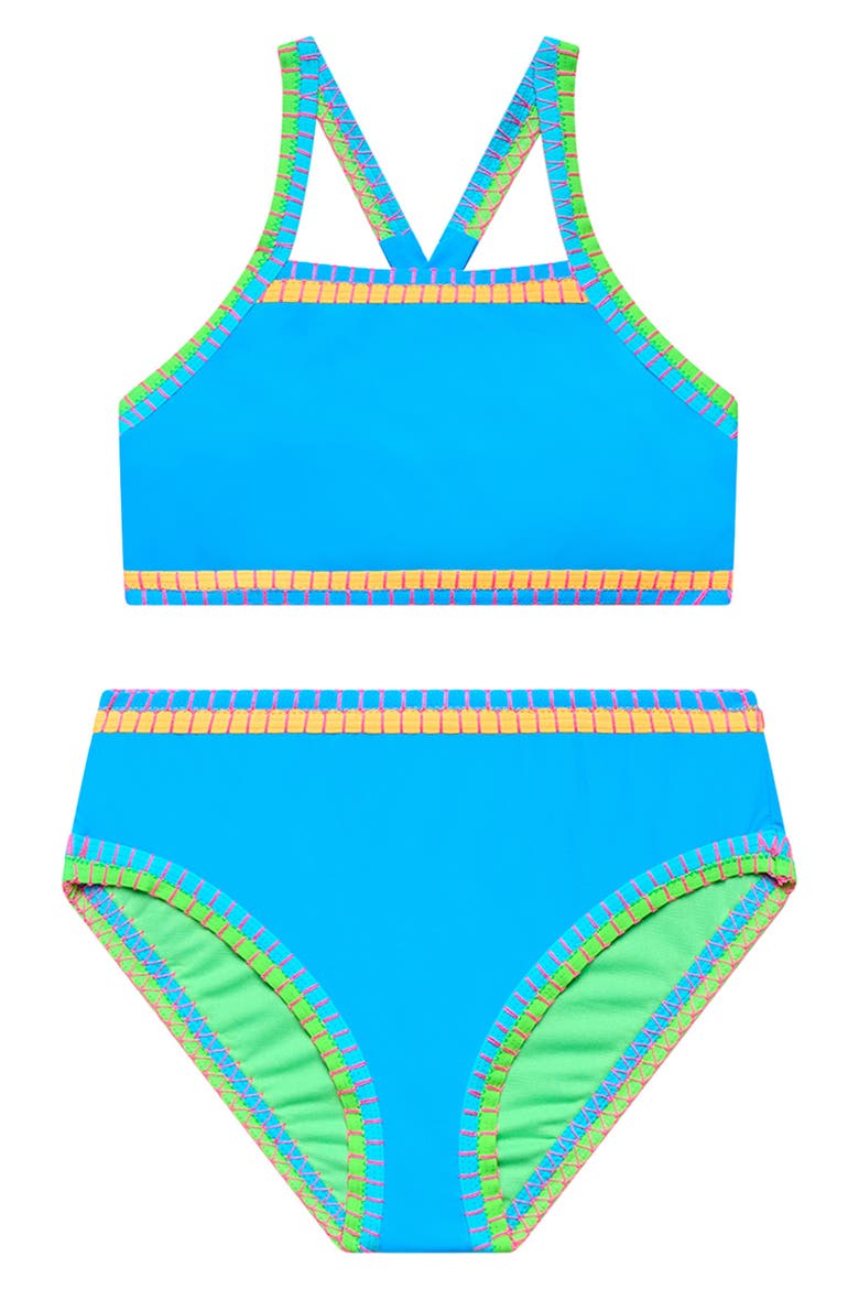 Kids' Cross Back Embroidered Two-Piece Swimsuit, Main, color, BLUE HORIZON