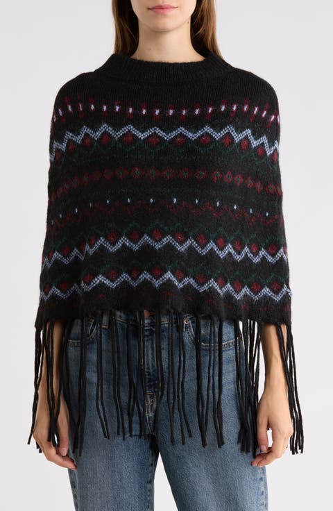 Fair Isle Fringe Trim Knit Poncho