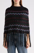 Steve Madden Fair Isle Fringe Trim Knit Poncho