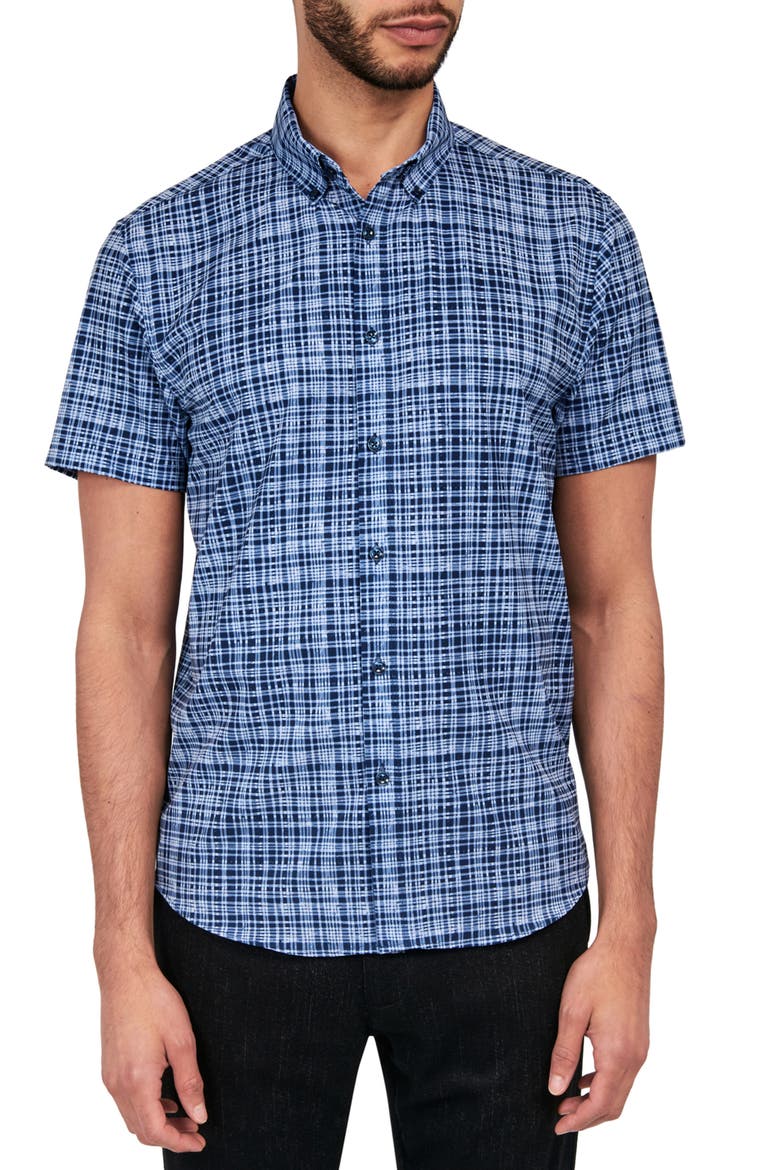 Slim Fit Tudor Textured Check 4-Way Stretch Performance Short Sleeve Shirt, Main, color, NAVY