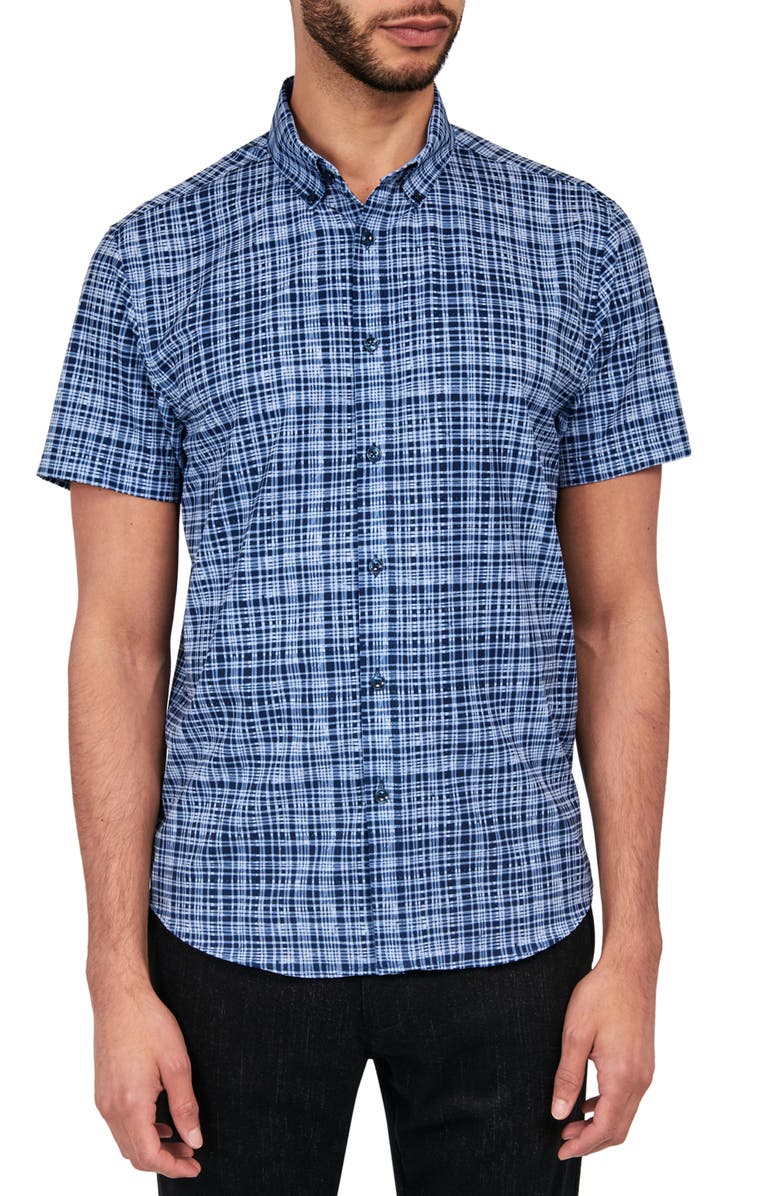 Brooklyn Brigade Slim Fit Tudor Textured Check 4-Way Stretch Performance Short Sleeve Shirt, Main, color, Navy