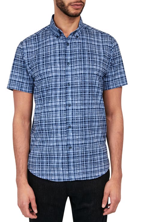 Slim Fit Tudor Textured Check 4-Way Stretch Performance Short Sleeve Shirt