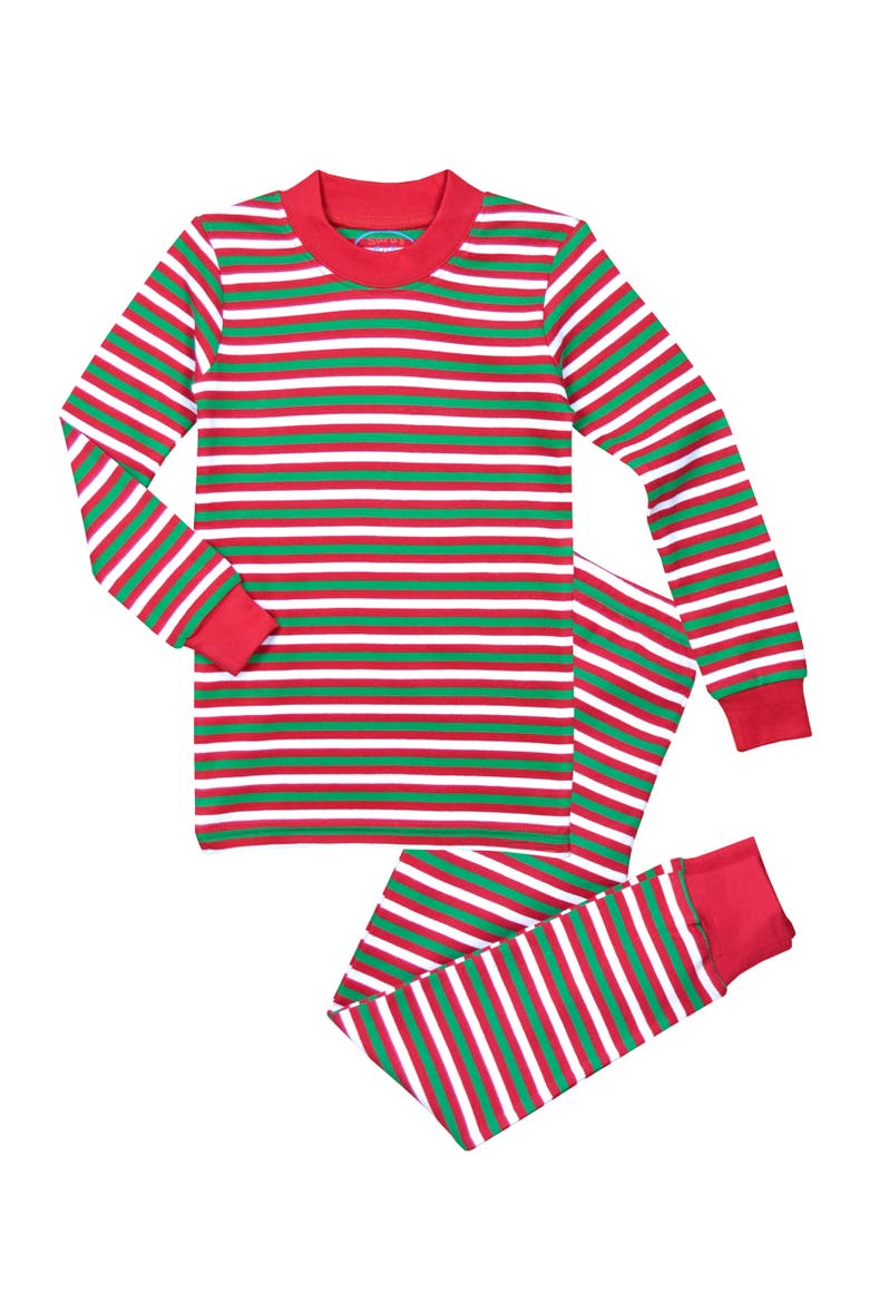 Organic Cotton Long John PJ 2-Piece Set, Main, color, Green Red Stripe
