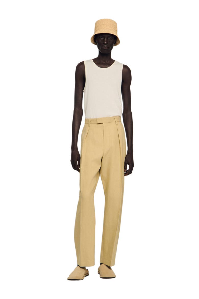 Wide pleated cotton-linen trousers, Alternate, color, Beige