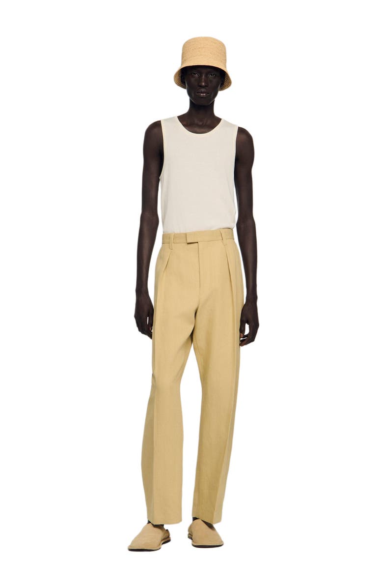 SANDRO Wide pleated cotton-linen trousers, Alternate, color, Beige