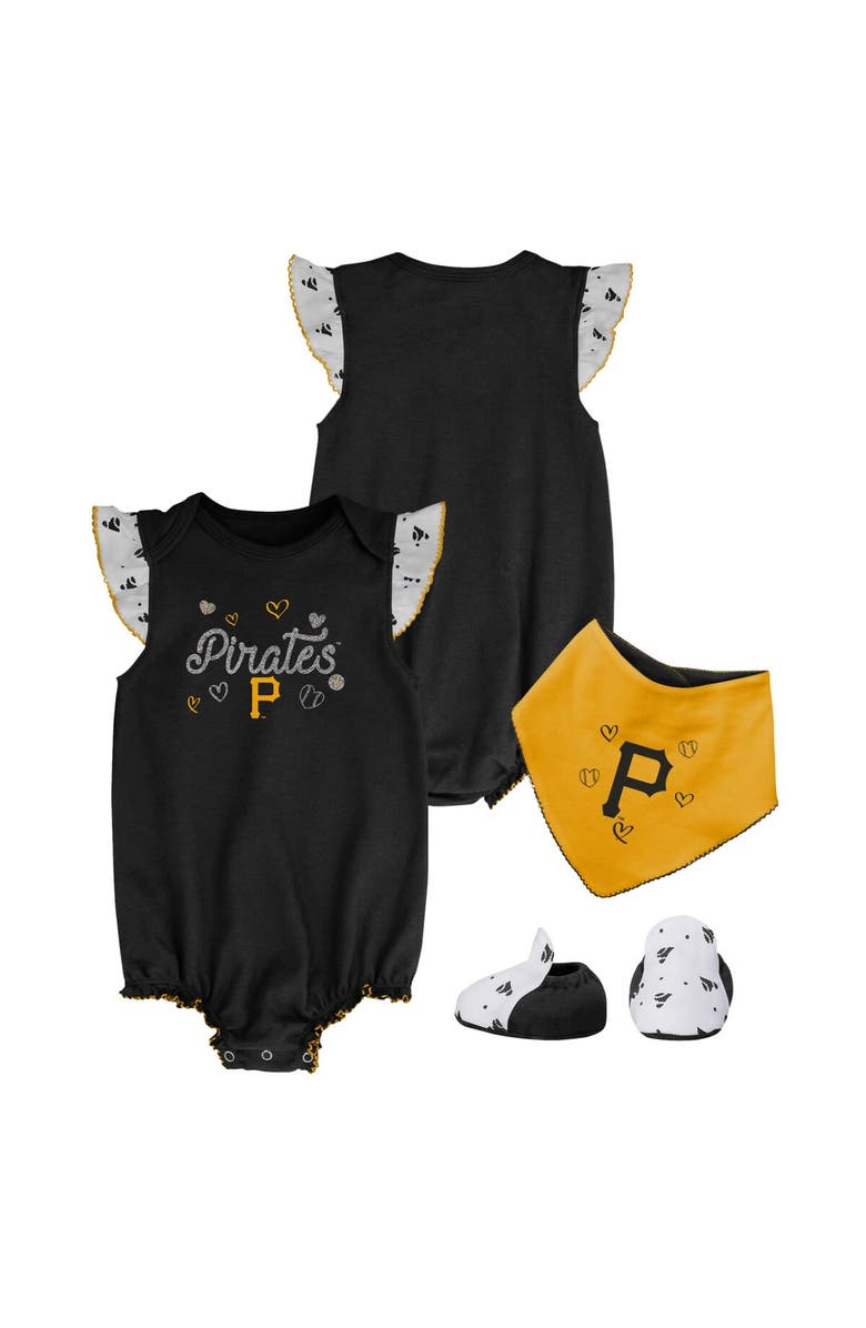 Outerstuff Girls Newborn & Infant Black Pittsburgh Pirates 3-Piece Home Plate Bodysuit Bib & Booties Set, Alternate, color, 