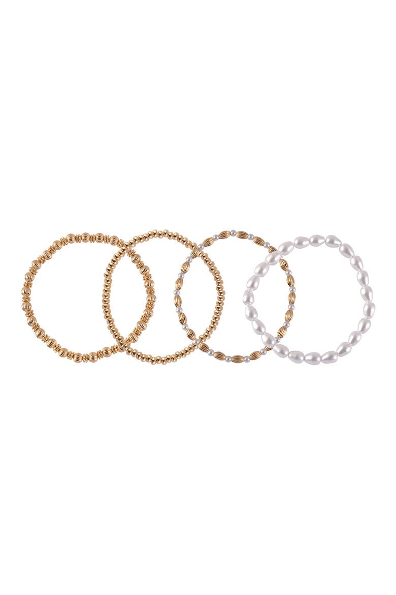 Set of 4 Faux Pearl & Beaded Stretch Bracelets, Main, color, GOLD