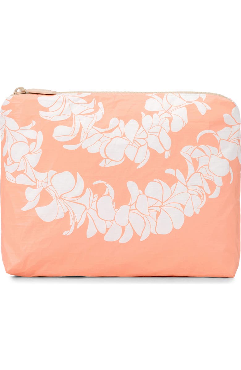 Aloha Collection Small Plumeria Lei Water Resistant Zip Pouch, Main, color, Peachy