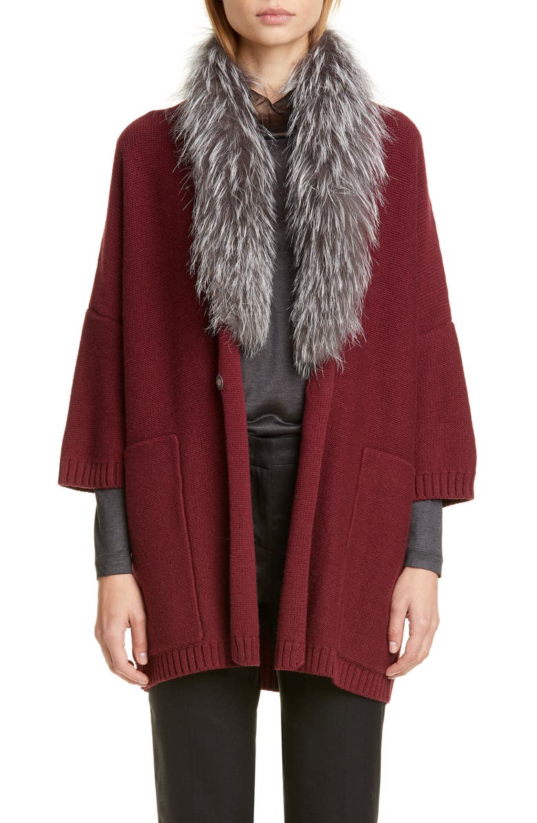 Fabiana Filippi Genuine Fox Fur Collar Wool, Silk & Cashmere Cardigan, Main, color, 