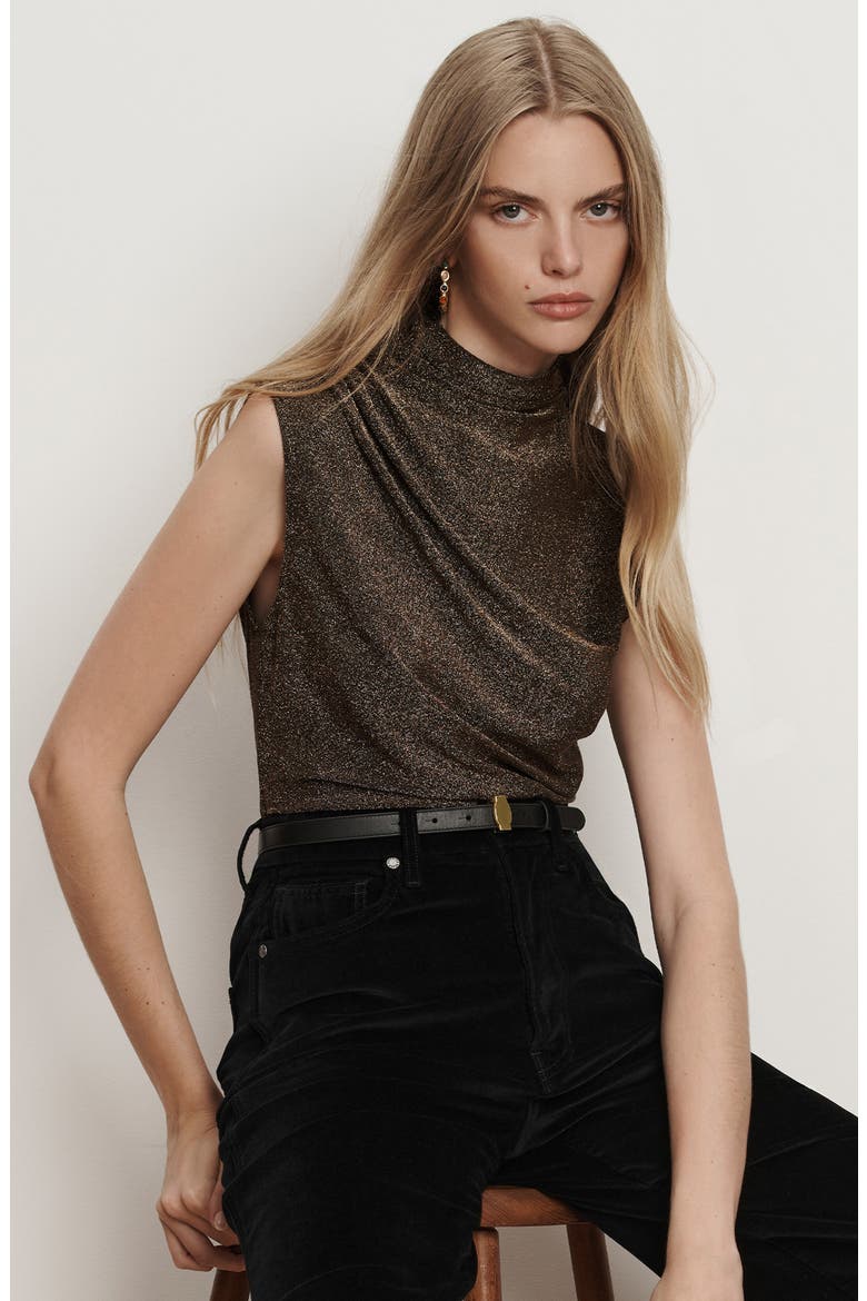 Mylie Metallic Shimmer Funnel Neck Tank, Alternate, color, GOLD