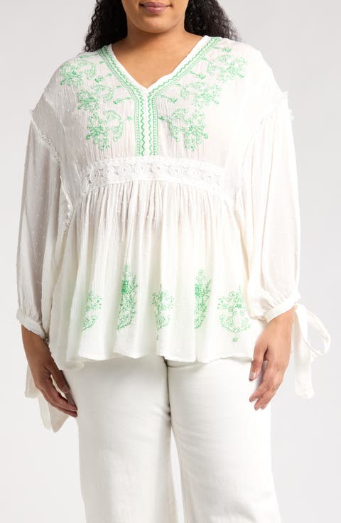 Embroidered Tie Sleeve Top (Plus)