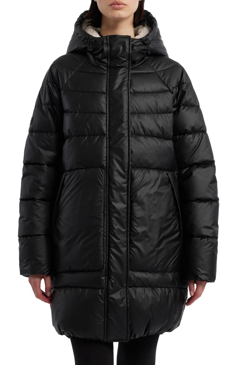 Hunter Almond Water Repellent Faux Shearling Lined Hooded Puffer Jacket, Main, color, Black