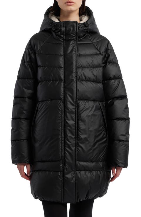 Almond Water Repellent Faux Shearling Lined Hooded Puffer Jacket