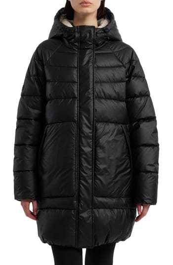 Hunter Almond Water Repellent Faux Shearling Lined Hooded Puffer Jacket In Black