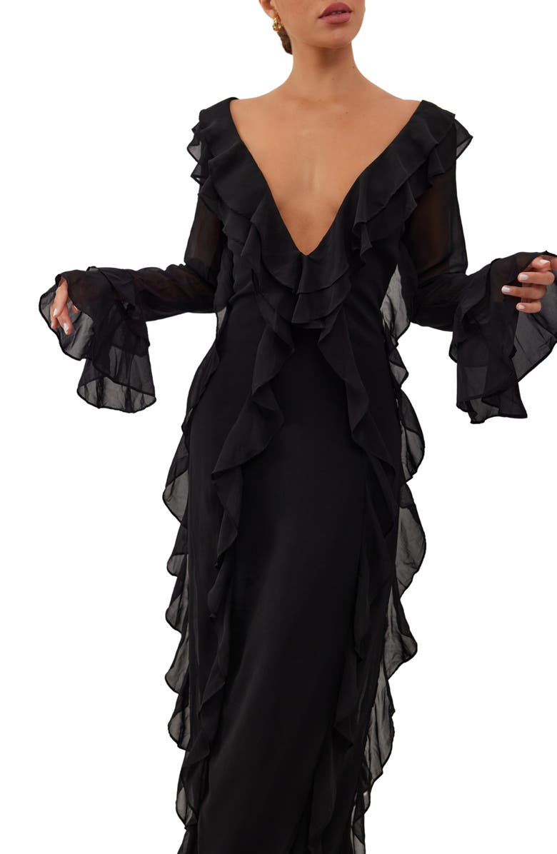 HEIRESS BEVERLY HILLS Ruffle Plunge Long Sleeve Mesh & Chiffon Maxi Dress, Alternate, color,