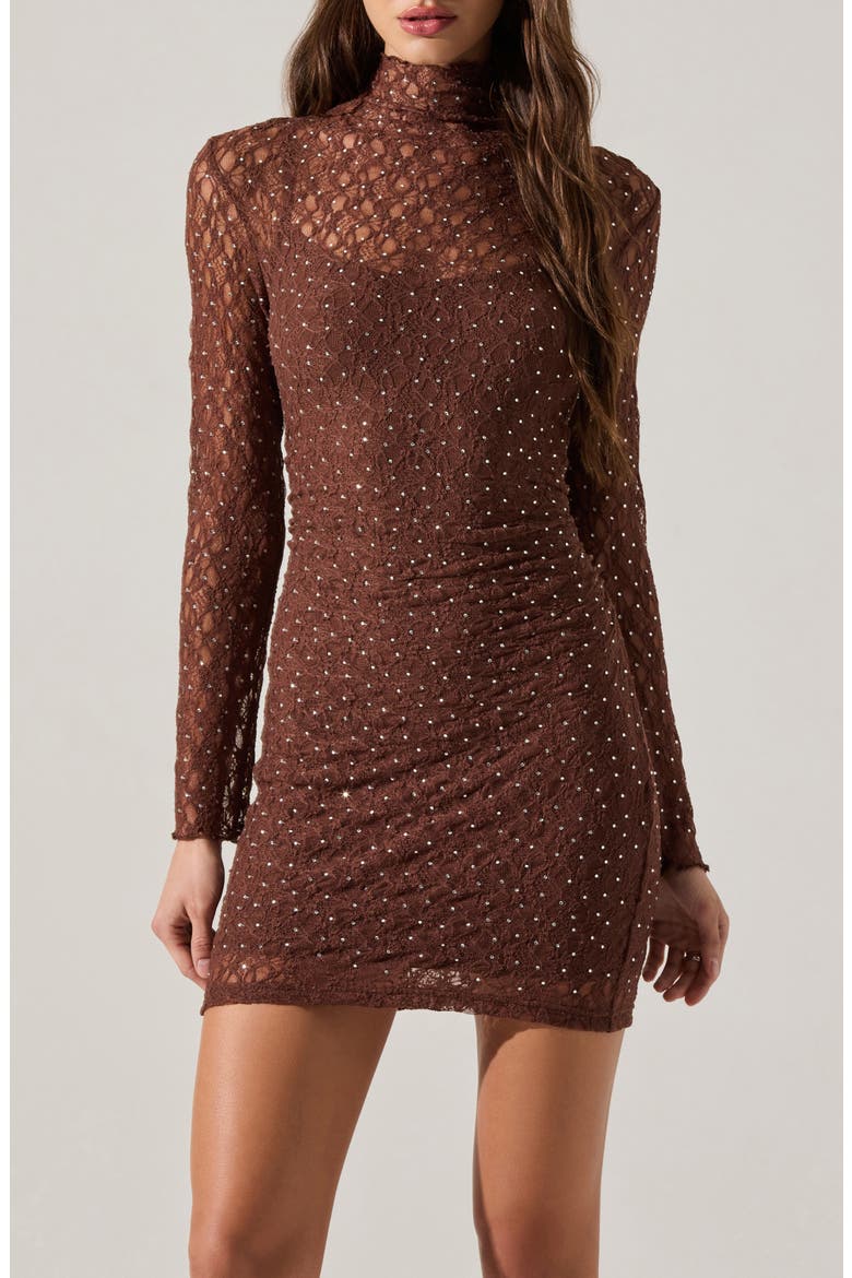 Kourtney Mock Neck Lace Long Sleeve Minidress, Main, color, BROWN