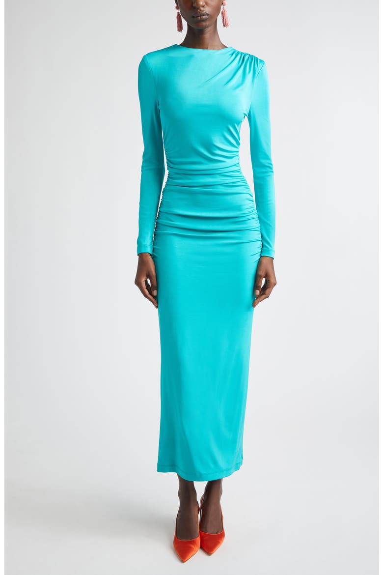 Ruched Long Sleeve Stretch Jersey Dress, Main, color, TURQUOISE