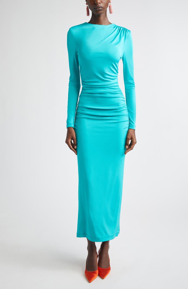 Carolina Herrera Ruched Long Sleeve Stretch Jersey Dress, Main, color, Turquoise