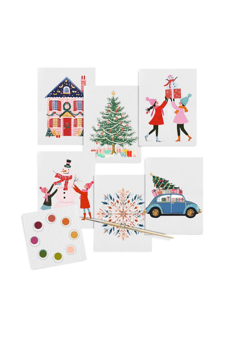Holiday Watercolor Postcard Kit, Main, color, paper white