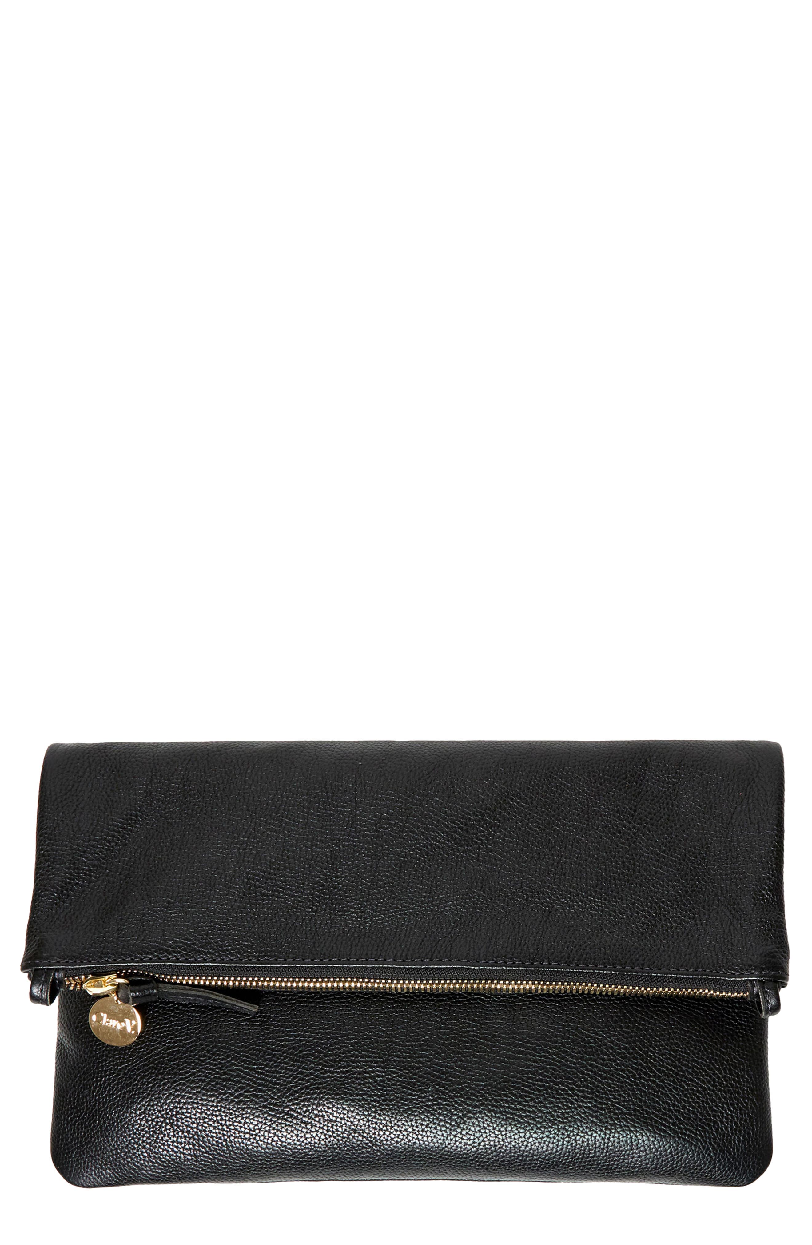 Clare V. Foldover Petit Caviar Leather Clutch, Main, color, Black