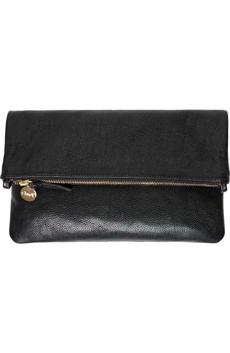Clare V. Foldover Petit Caviar Leather Clutch, Main, color, Black