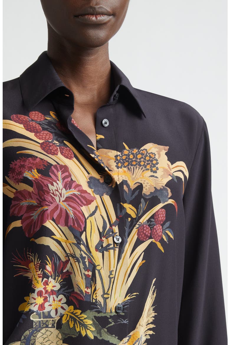 Floral Silk Button-Up Shirt, Alternate, color, BLACK
