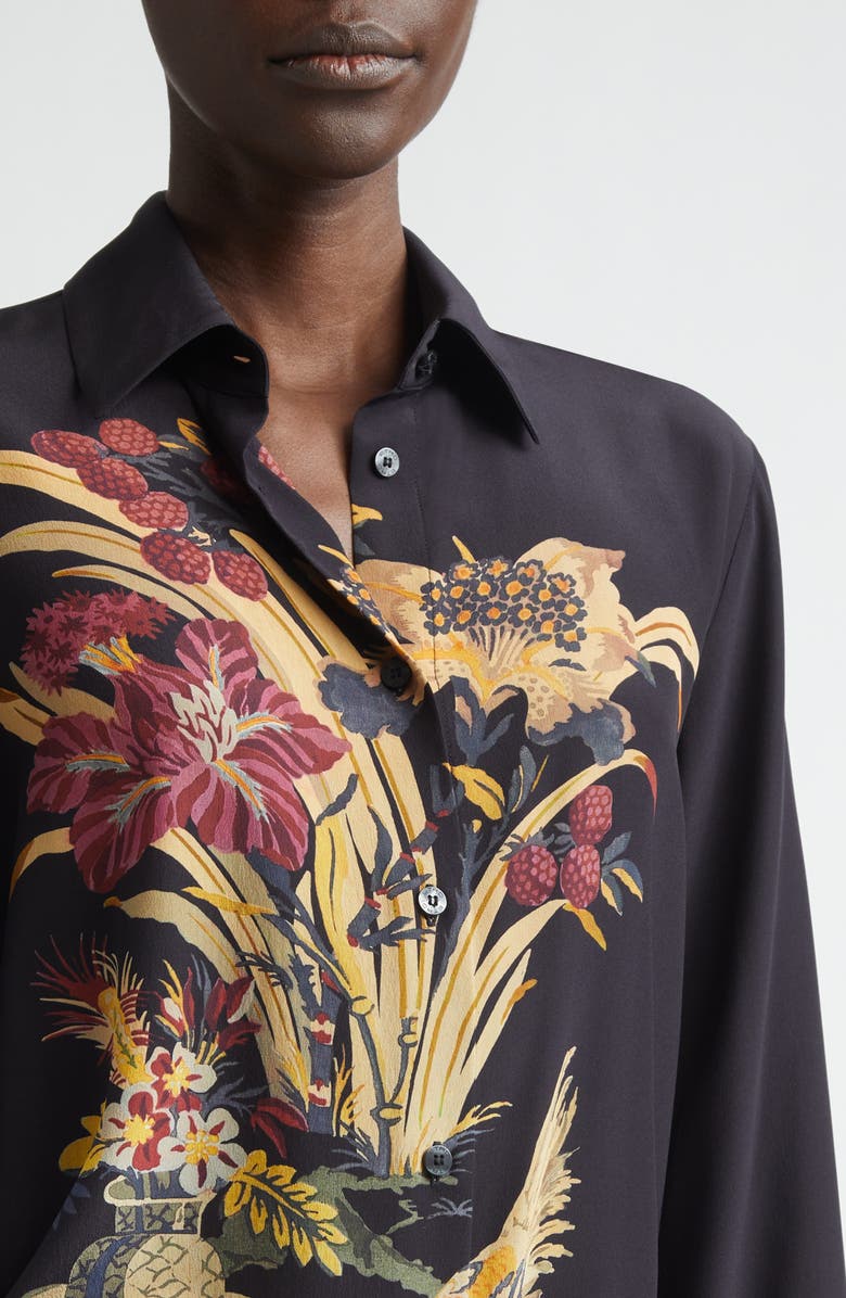 Etro Floral Silk Button-Up Shirt, Alternate, color, Black